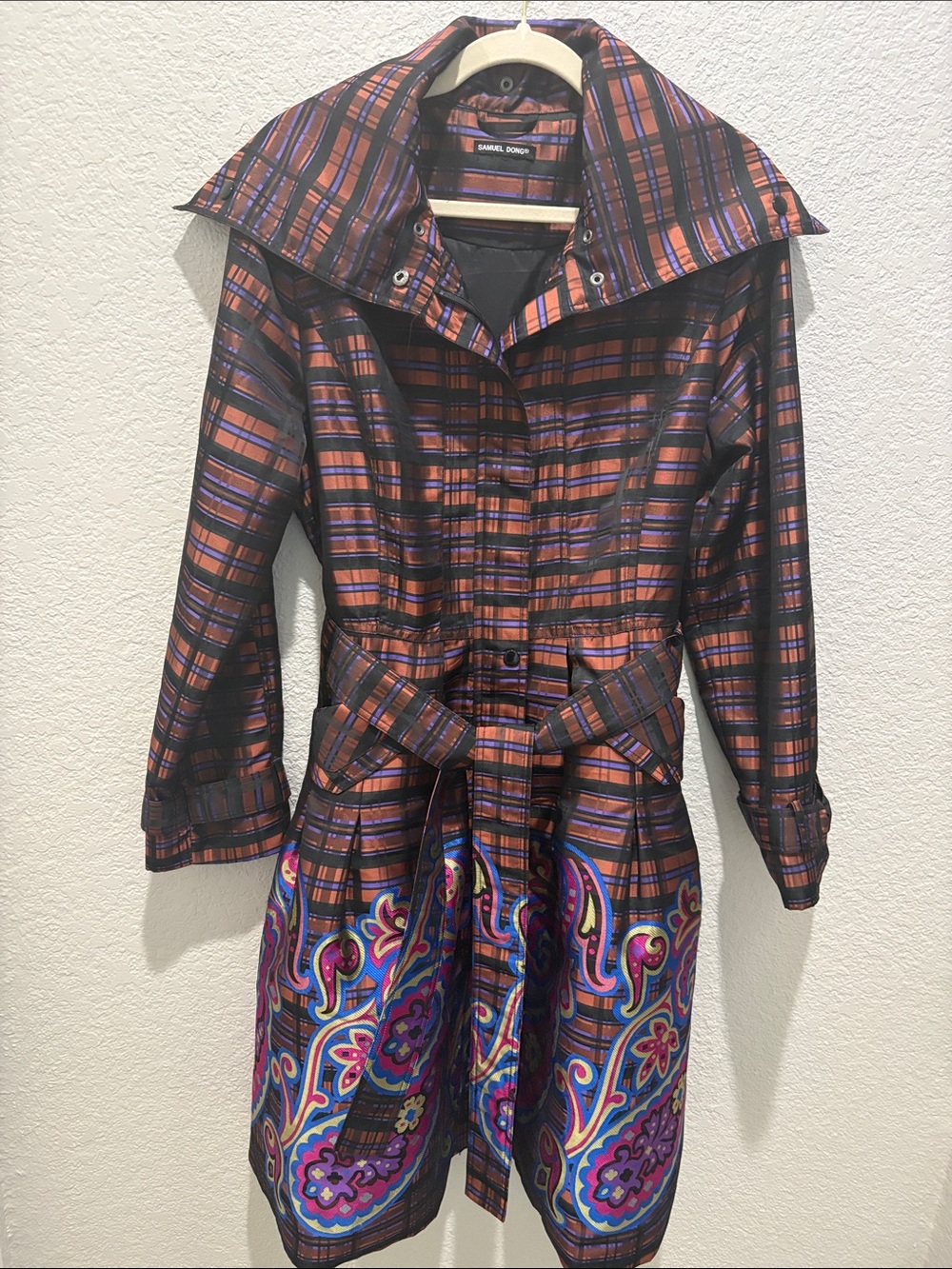 Samuel Dong Plaid & Floral Paisley Brocade Portrait Collar Coat Dress - Medium